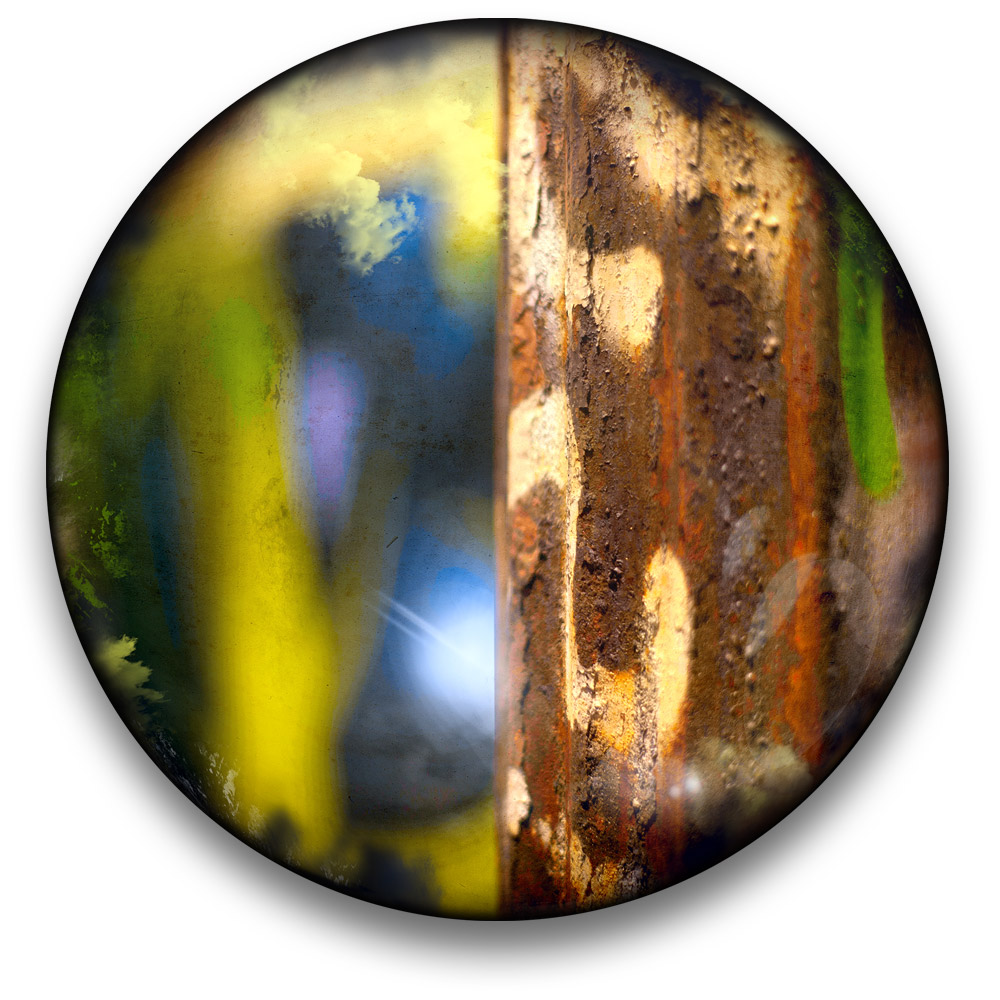 Oeuvre CIRCULAIRE 12. Technique mixte sur panneau de bois circulaire (photographie nocturne, travail numérique, peinture aérosol et époxy) par l'artiste visuel Pascal Normand.