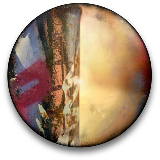 Oeuvre CIRCULAIRE 14. Technique mixte sur panneau de bois circulaire (photographie nocturne, travail numérique, peinture aérosol et époxy) par l'artiste visuel Pascal Normand.
