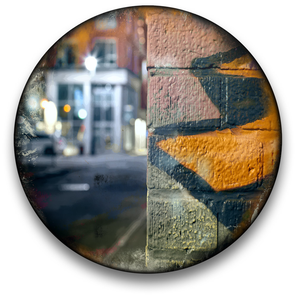 Oeuvre CIRCULAIRE 15. Technique mixte sur panneau de bois circulaire (photographie nocturne, travail numérique, peinture aérosol et époxy) par l'artiste visuel Pascal Normand.
