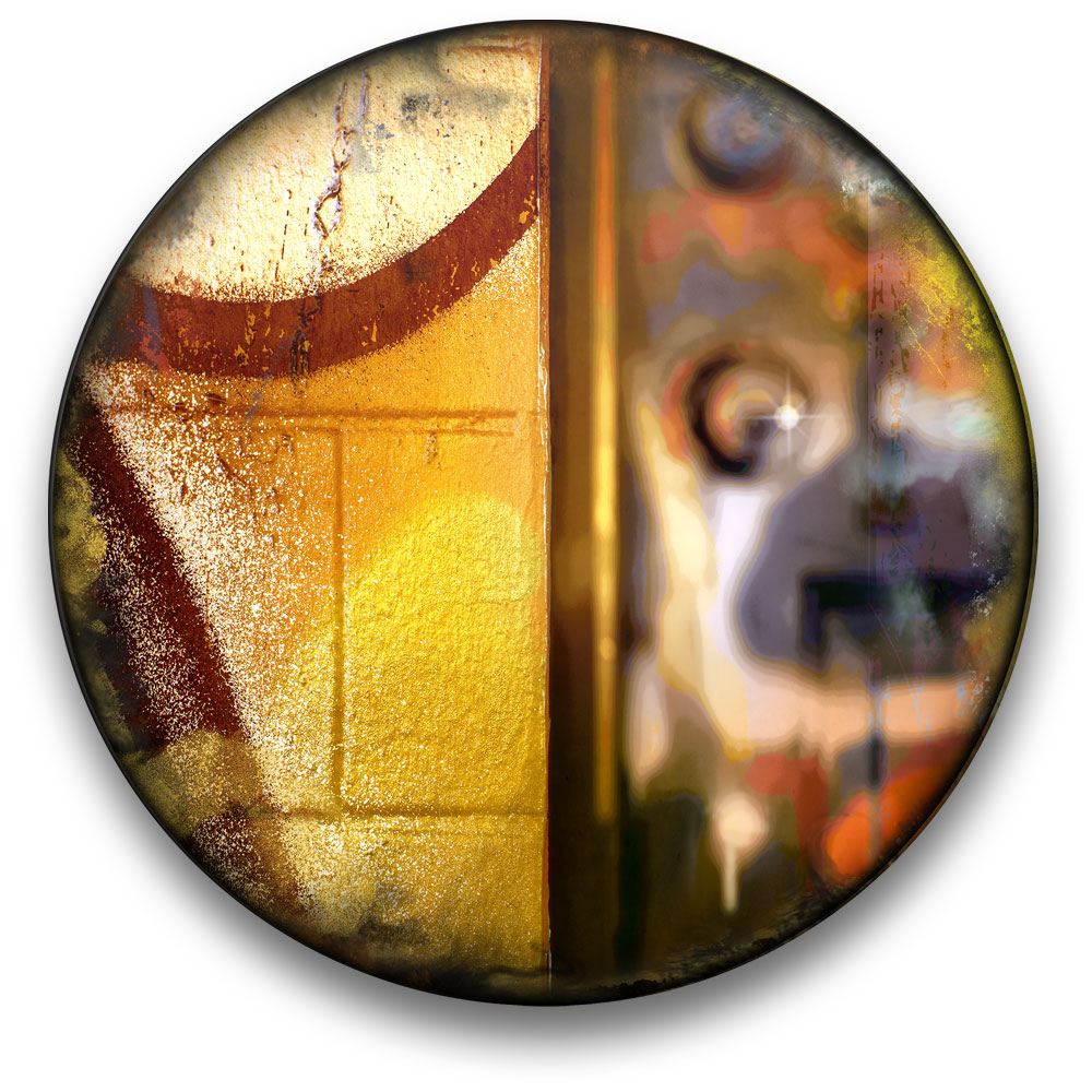 Oeuvre CIRCULAIRE 20. Technique mixte sur panneau de bois circulaire (photographie nocturne, travail numérique, peinture aérosol et époxy) par l'artiste visuel Pascal Normand.