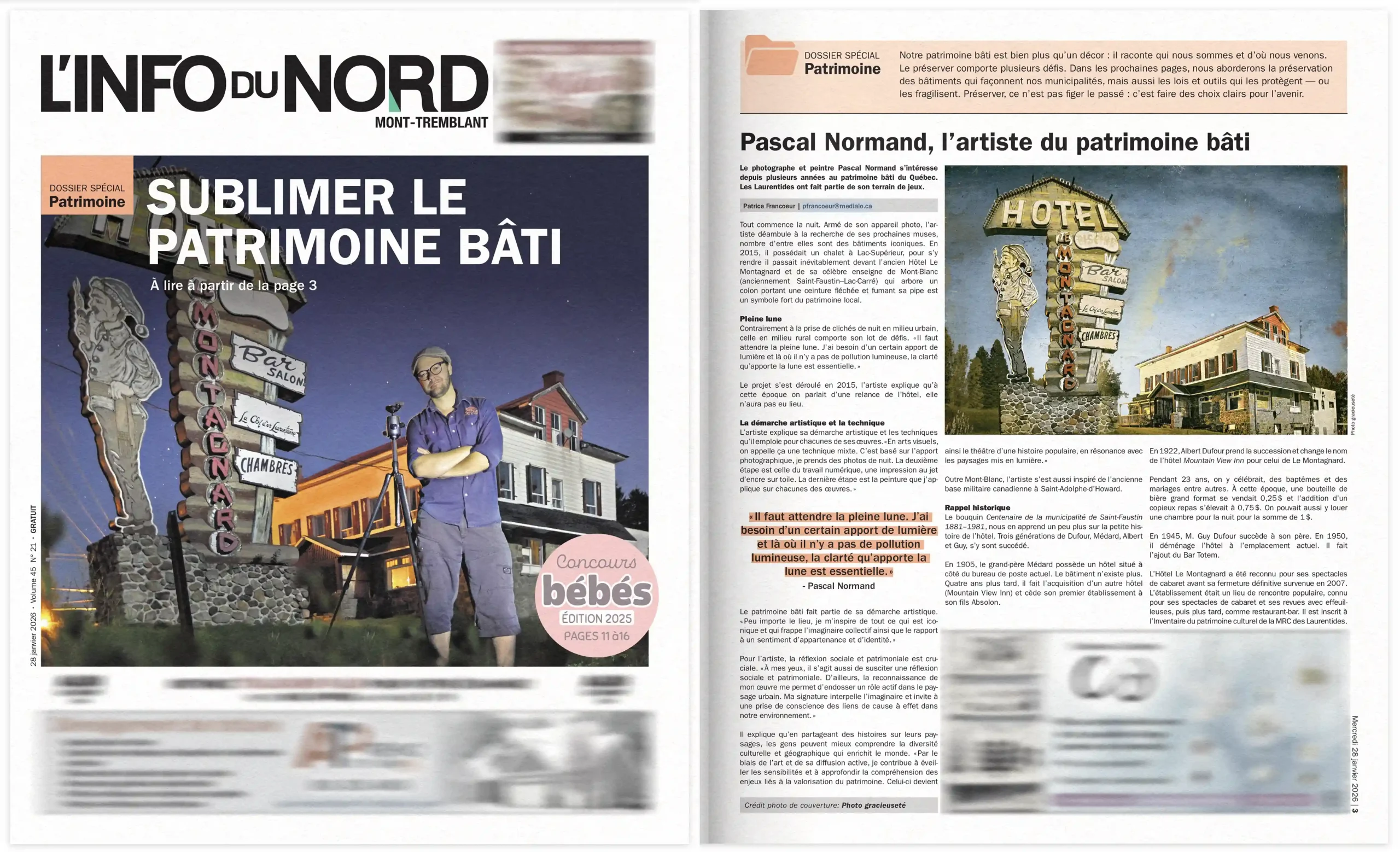 article et page couverture journal L'info du Nord, janvier 2026 (dossier spécial patrimoine)