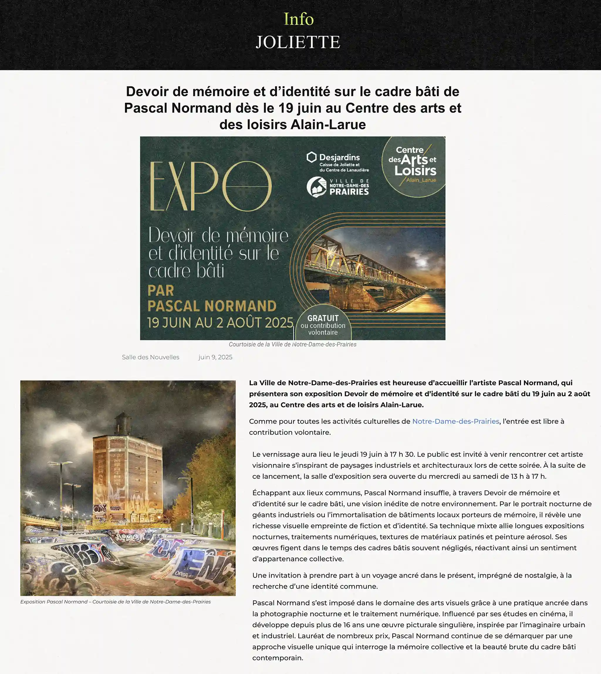article de Info Joliette, juin 2025, au sujet d'une exposition solo de l'artiste visuel Pascal Normand au centre d'Art Alain Larue