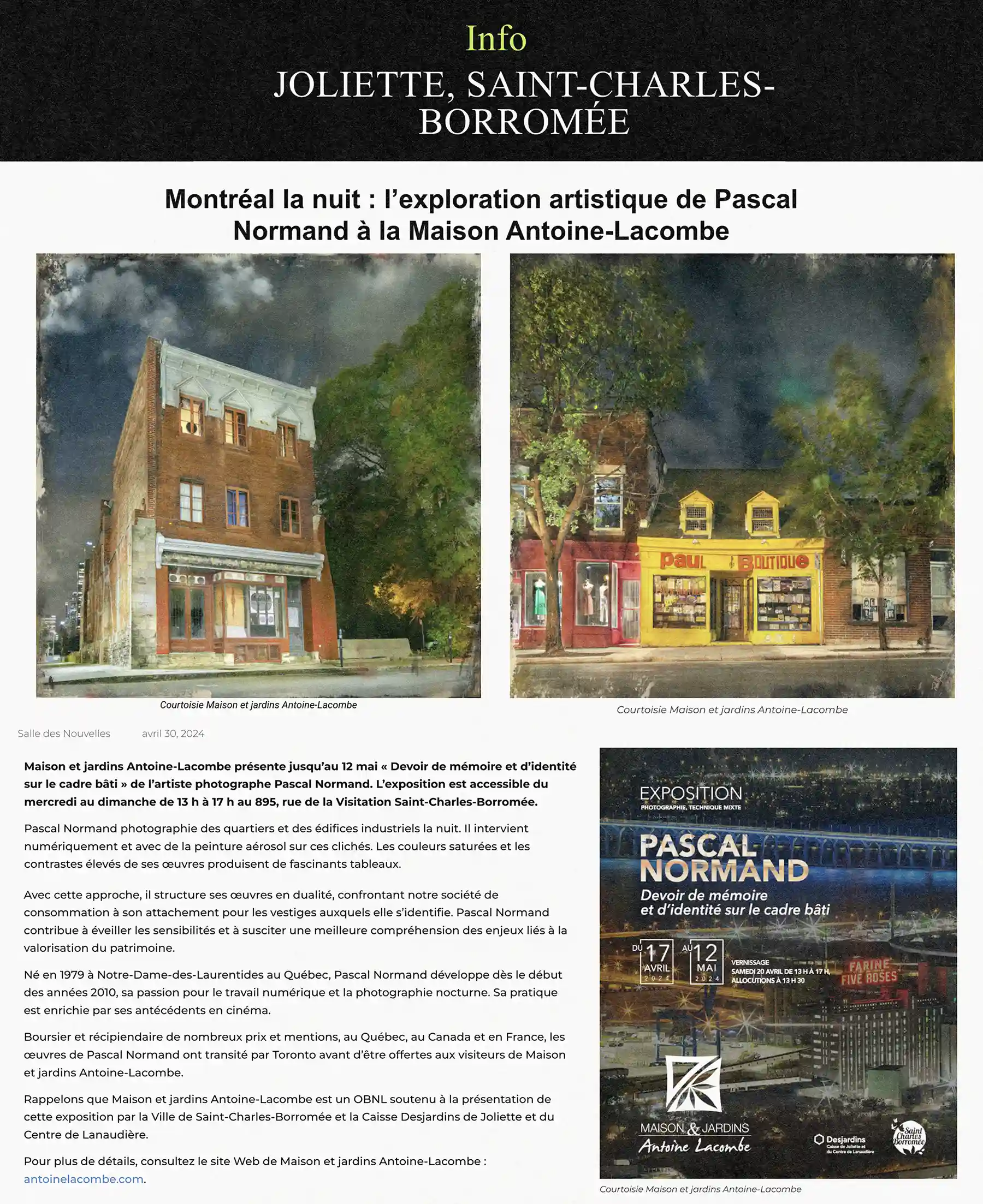 article de Info Joliette, avril 2024, au sujet d'une exposition solo de l'artiste visuel Pascal Normand à la Maison Antoine-Lacombe.