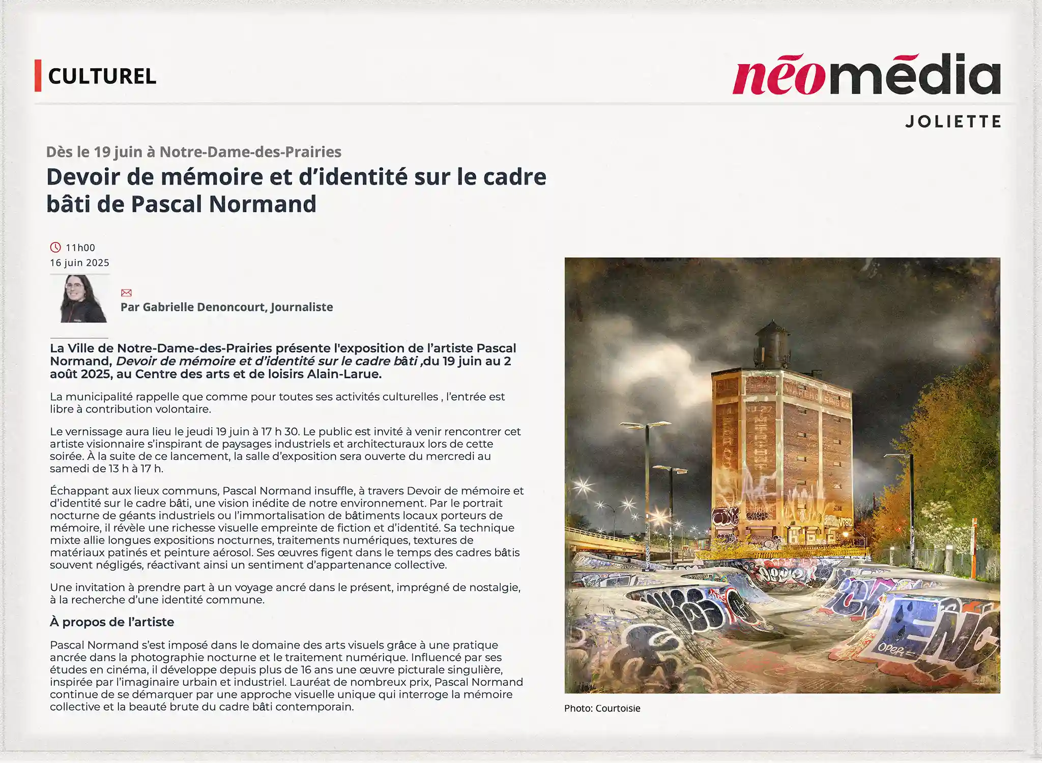 article du Journal de Joliette, juin 2025, au sujet d'une exposition solo de l'artiste visuel Pascal Normand au centre d'Art Alain Larue