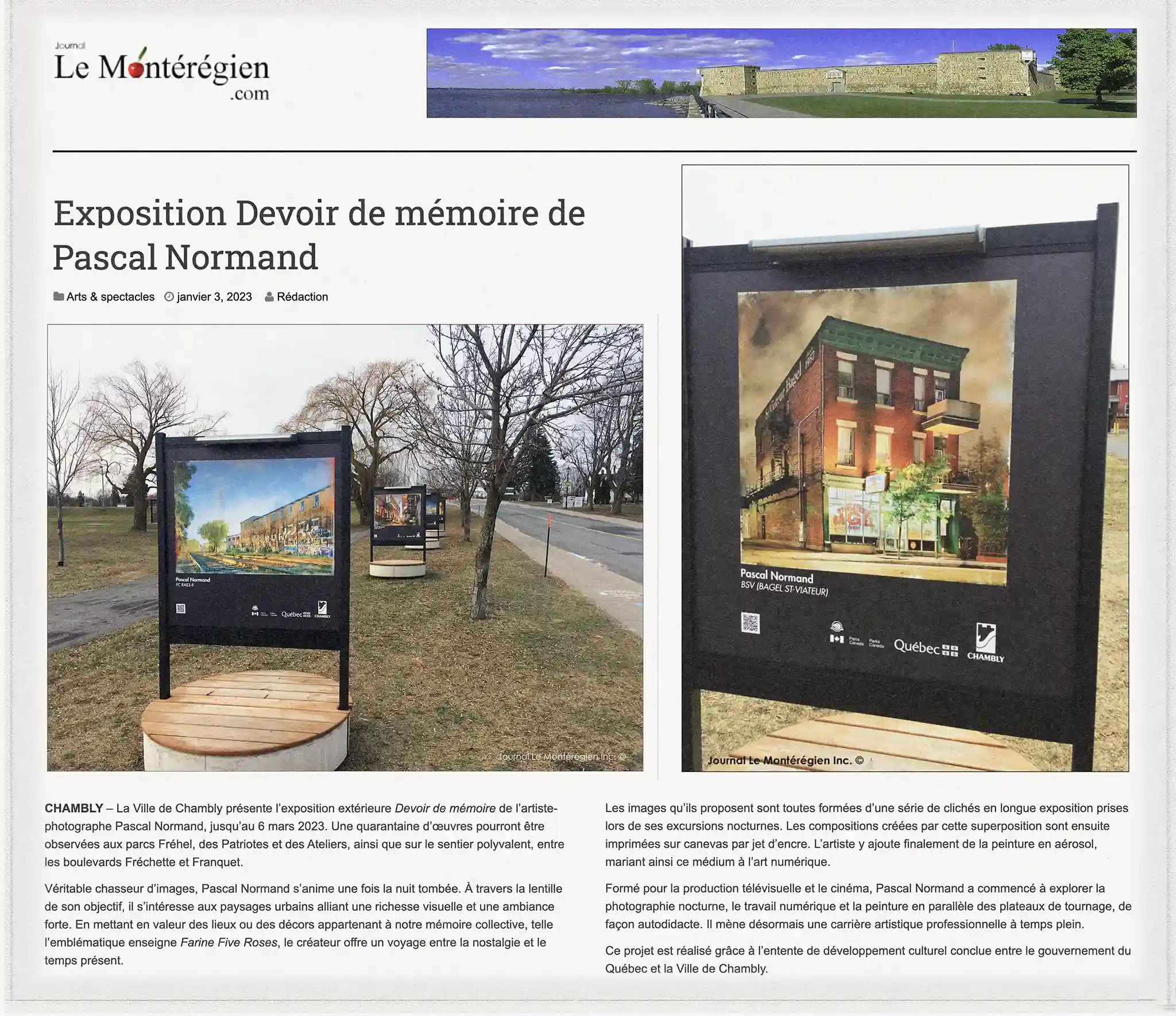 article Le Montérégien, janvier 2023, au sujet d'une exposition solo de l'artiste visuel Pascal à Chambly.