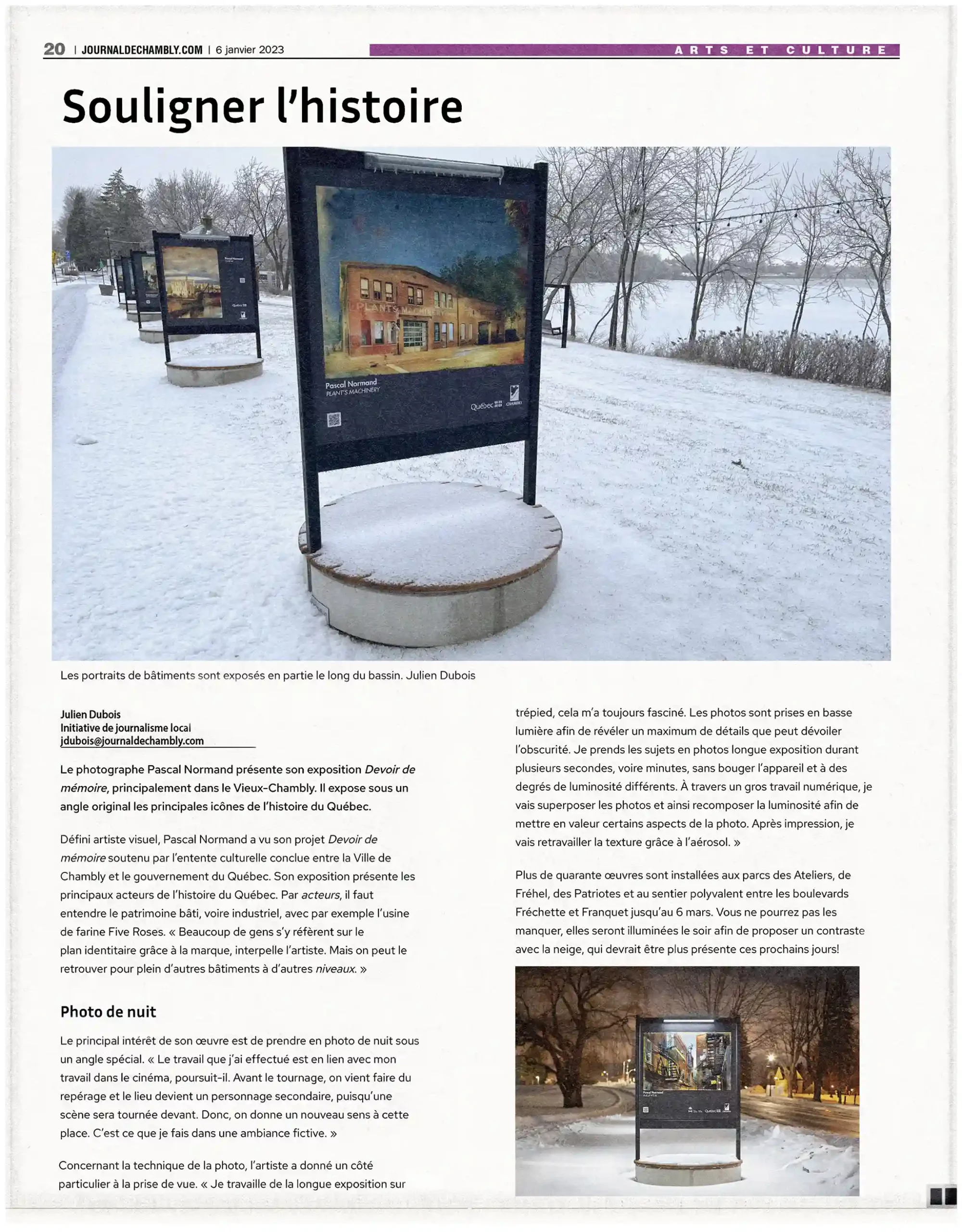 article du Journal de Chambly, janvier 2023, au sujet d'une exposition de l'artiste visuel Pascal Normand