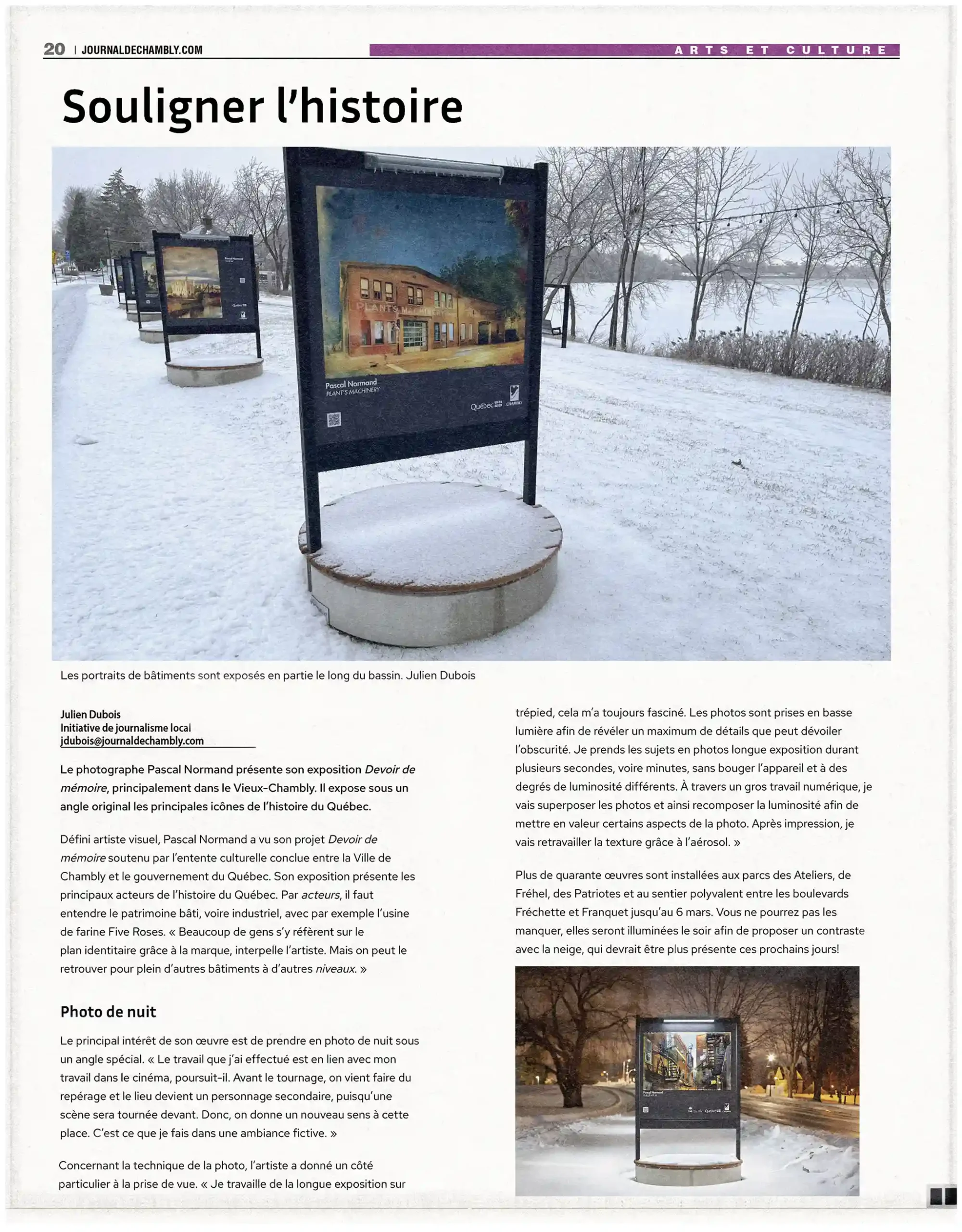 article du Journal de Chambly (2023), au sujet d'une exposition de l'artiste visuel Pascal Normand