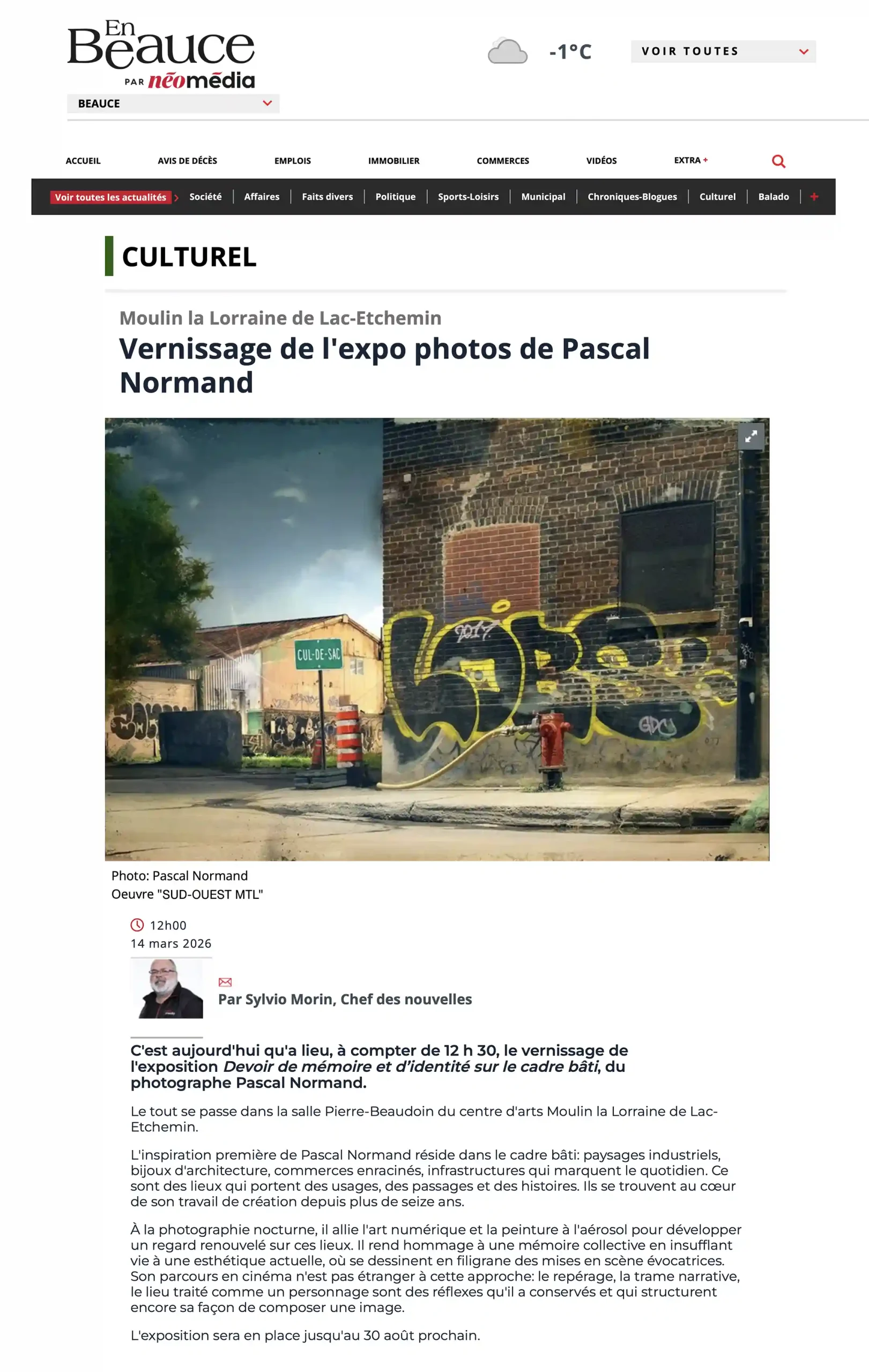 article EN BEAUCE Vernissage Moulin La Lorraine 14 mars 2026